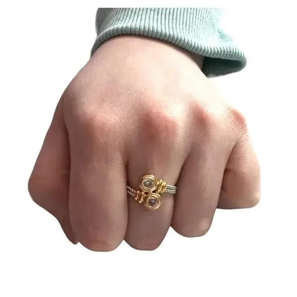 Two Tone Ring Silver Gold Tone Twisted Cable Band 2 Round Zircon Bypass Size 7 - Picture 4 of 8